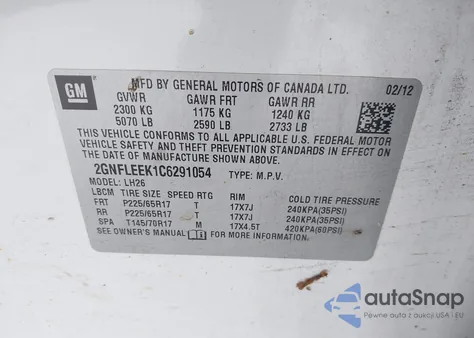 2012 Chevrolet Equinox 1Lt z USA, uszkodzony, nr VIN 2GNFLEEK1C6291054